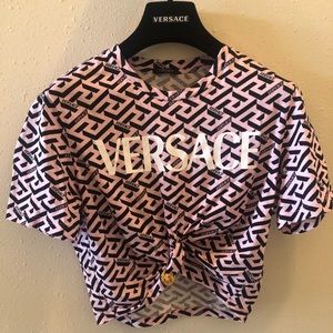 Versace print crop top with safety pins